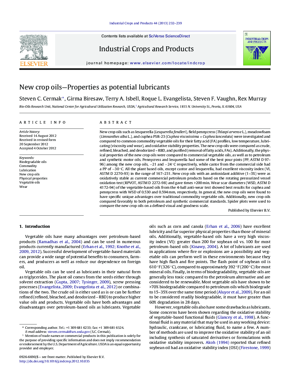 New crop oils—Properties as potential lubricants