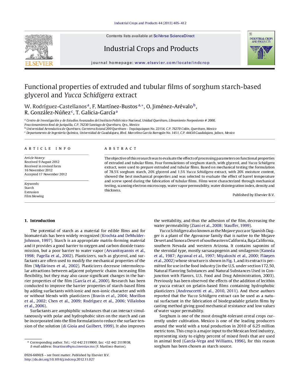 Functional properties of extruded and tubular films of sorghum starch-based glycerol and Yucca Schidigera extract