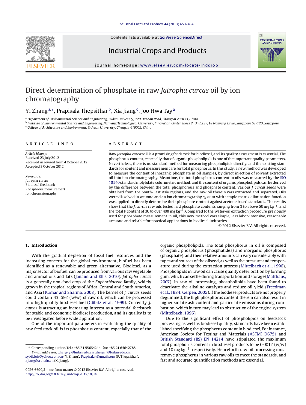 Direct determination of phosphate in raw Jatropha curcas oil by ion chromatography