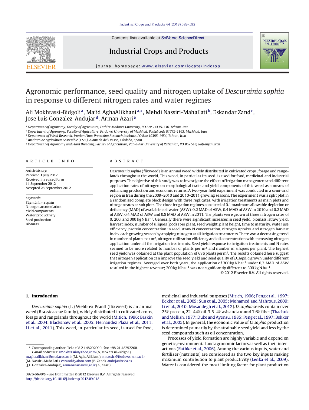 Agronomic performance, seed quality and nitrogen uptake of Descurainia sophia in response to different nitrogen rates and water regimes