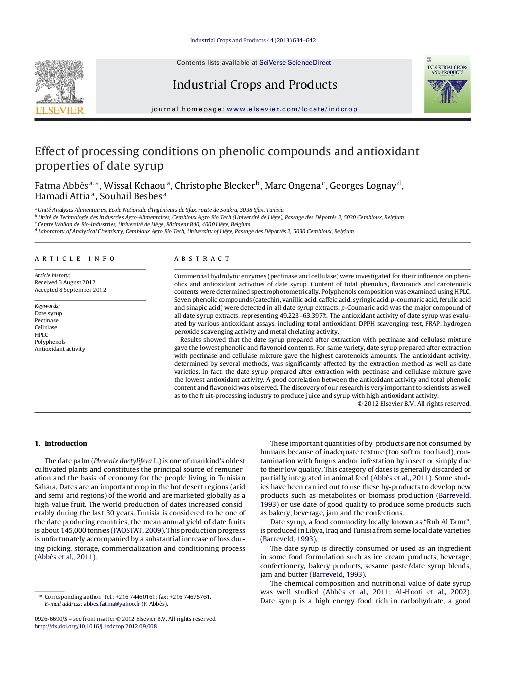 Effect of processing conditions on phenolic compounds and antioxidant properties of date syrup