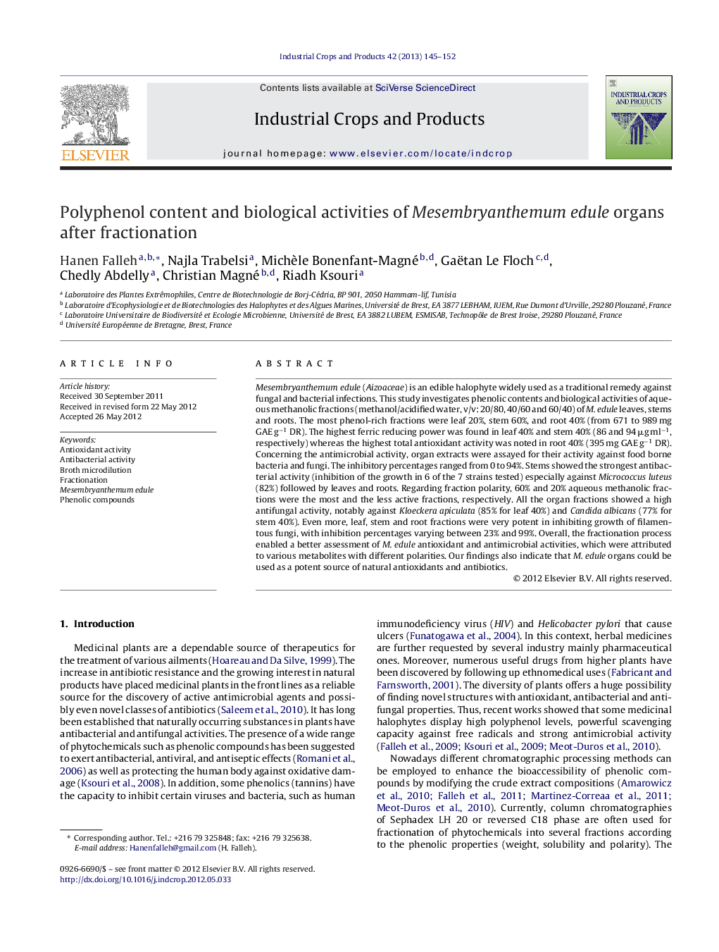 Polyphenol content and biological activities of Mesembryanthemum edule organs after fractionation