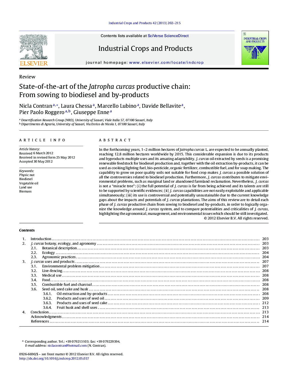 State-of-the-art of the Jatropha curcas productive chain: From sowing to biodiesel and by-products