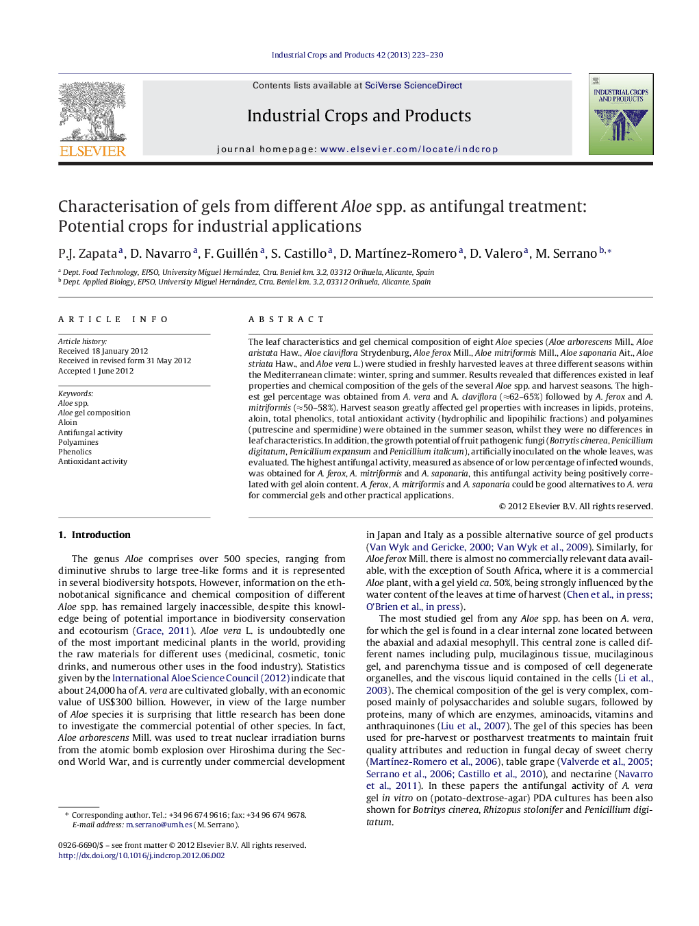 Characterisation of gels from different Aloe spp. as antifungal treatment: Potential crops for industrial applications