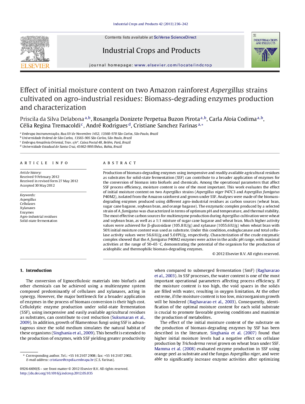 Effect of initial moisture content on two Amazon rainforest Aspergillus strains cultivated on agro-industrial residues: Biomass-degrading enzymes production and characterization