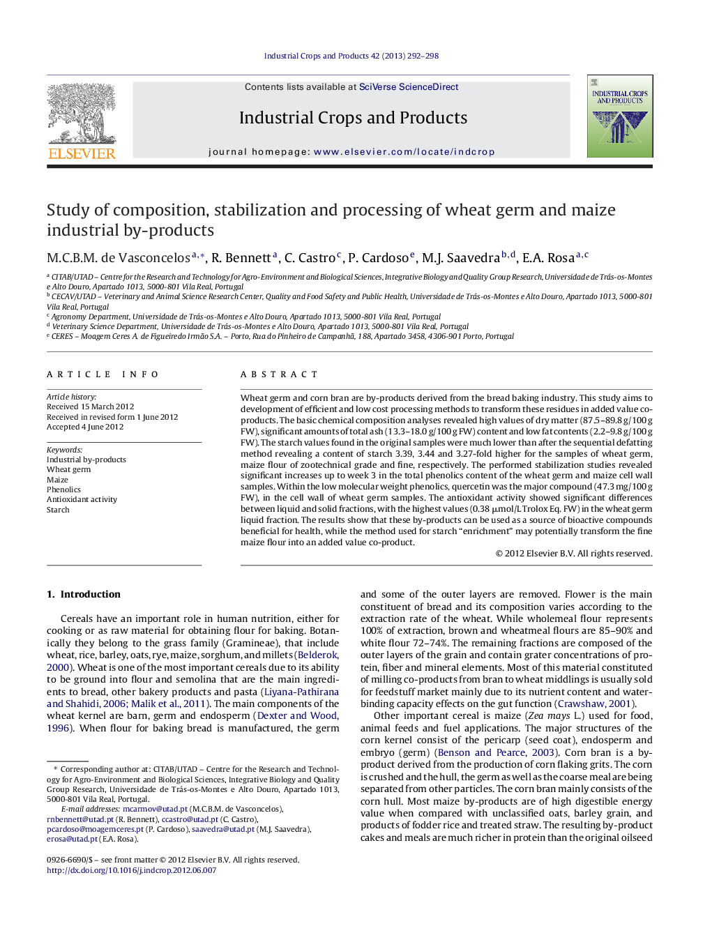 Study of composition, stabilization and processing of wheat germ and maize industrial by-products