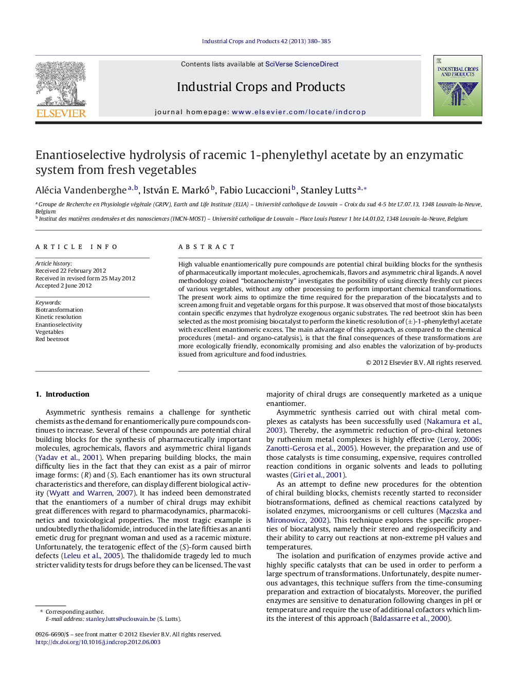 Enantioselective hydrolysis of racemic 1-phenylethyl acetate by an enzymatic system from fresh vegetables