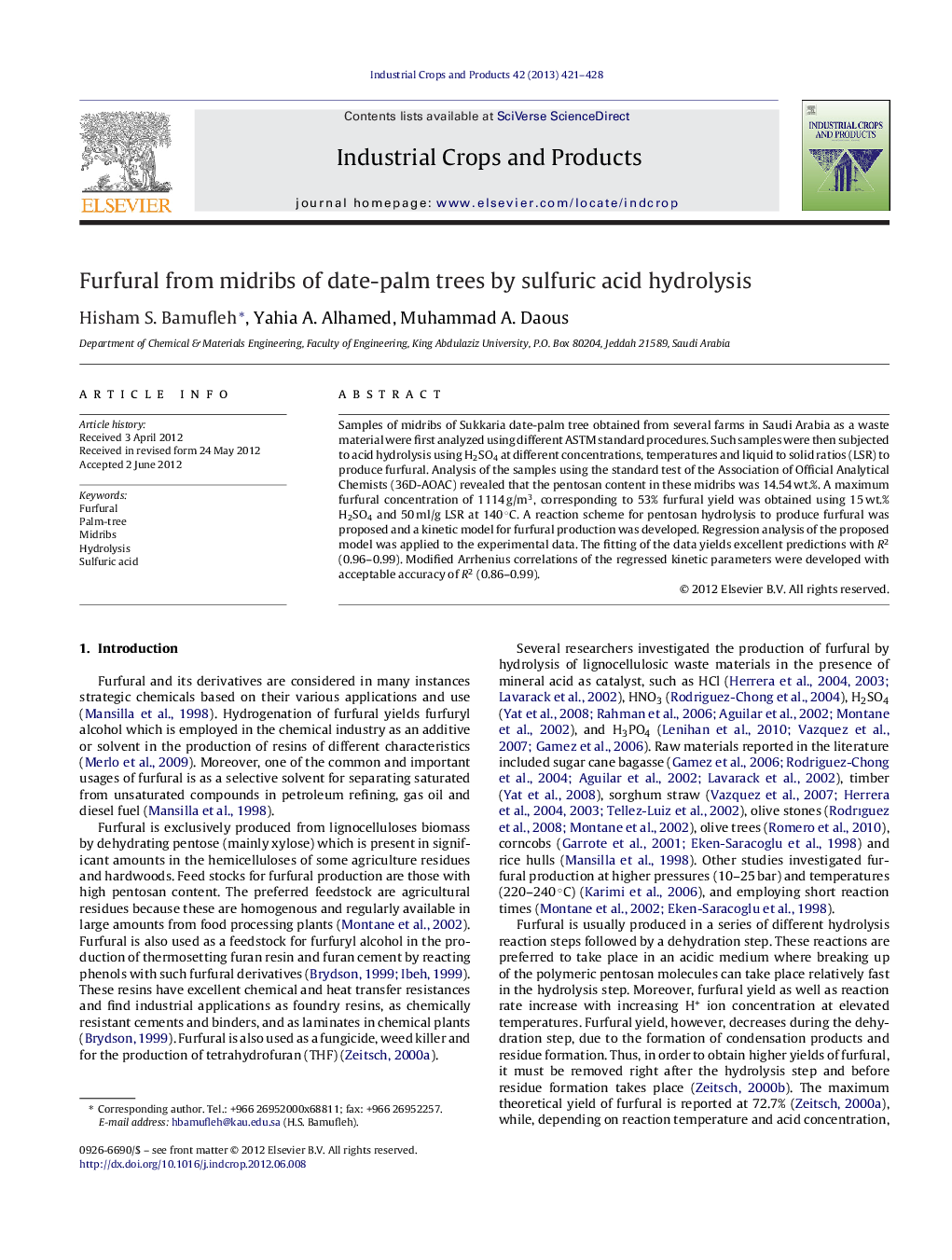 Furfural from midribs of date-palm trees by sulfuric acid hydrolysis