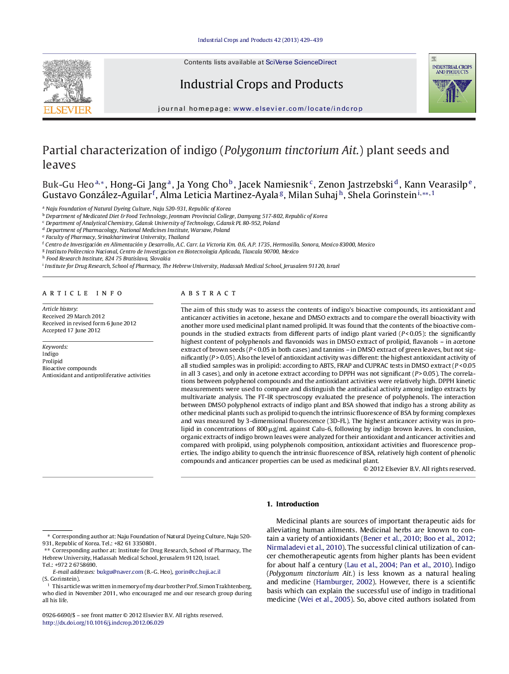 Partial characterization of indigo (Polygonum tinctorium Ait.) plant seeds and leaves