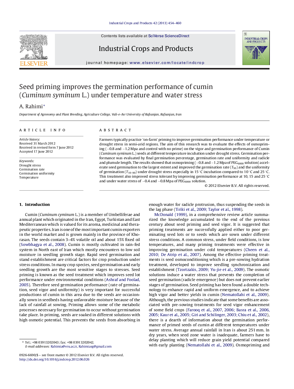 Seed priming improves the germination performance of cumin (Cuminum syminum L.) under temperature and water stress