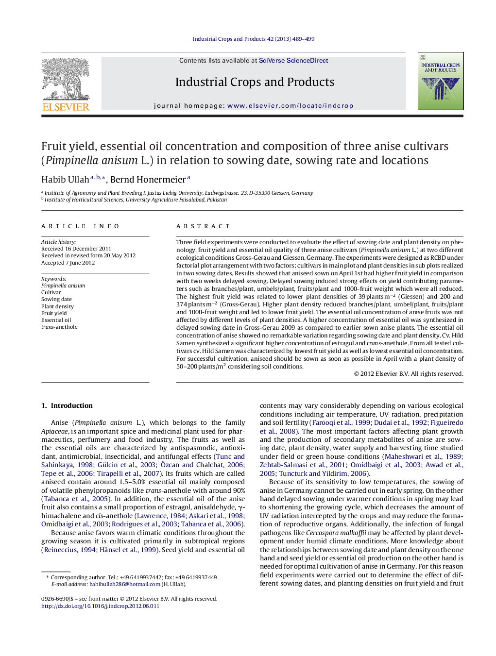 Fruit yield, essential oil concentration and composition of three anise cultivars (Pimpinella anisum L.) in relation to sowing date, sowing rate and locations