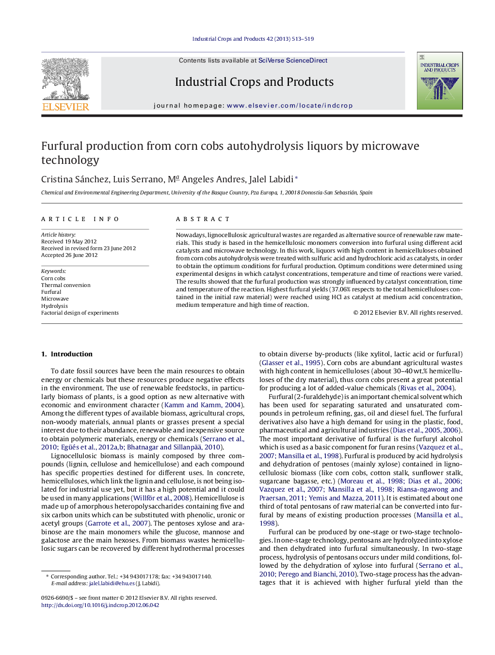 Furfural production from corn cobs autohydrolysis liquors by microwave technology