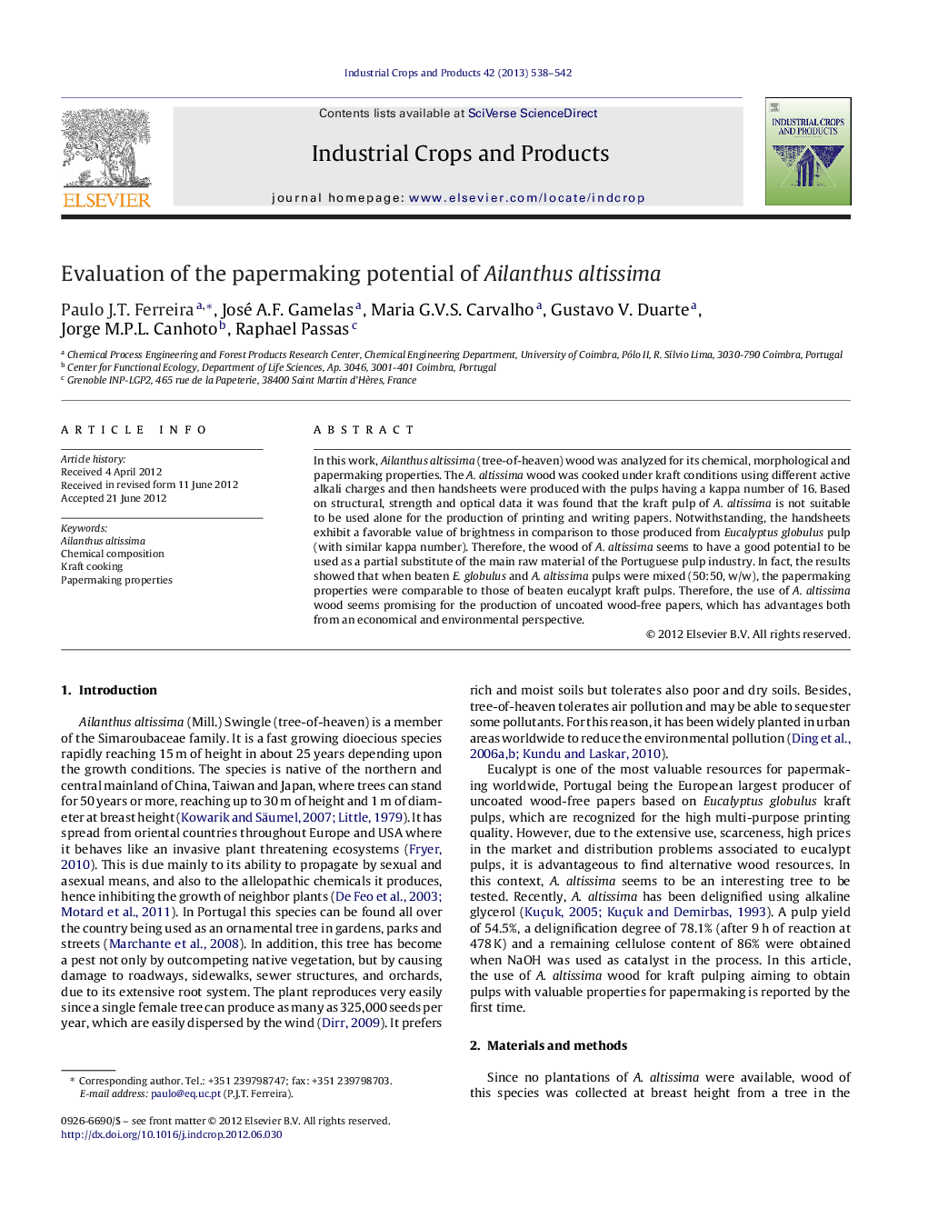 Evaluation of the papermaking potential of Ailanthus altissima