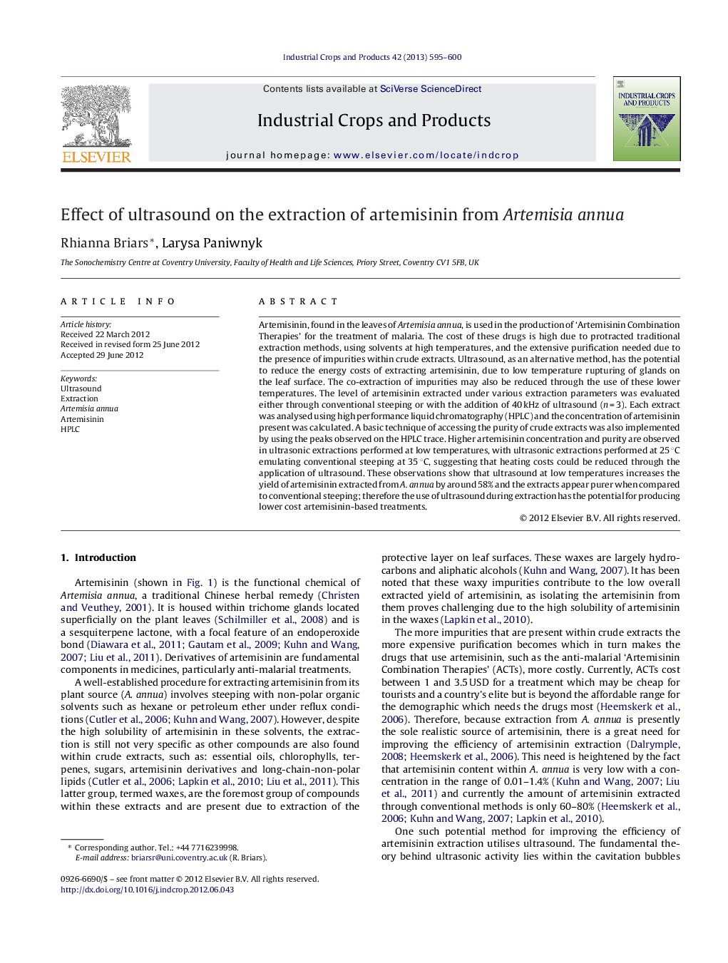 Effect of ultrasound on the extraction of artemisinin from Artemisia annua