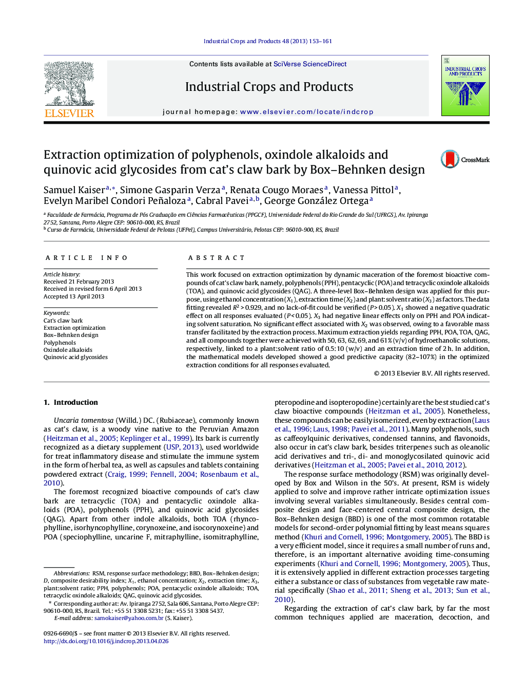 Extraction optimization of polyphenols, oxindole alkaloids and quinovic acid glycosides from cat's claw bark by Box–Behnken design