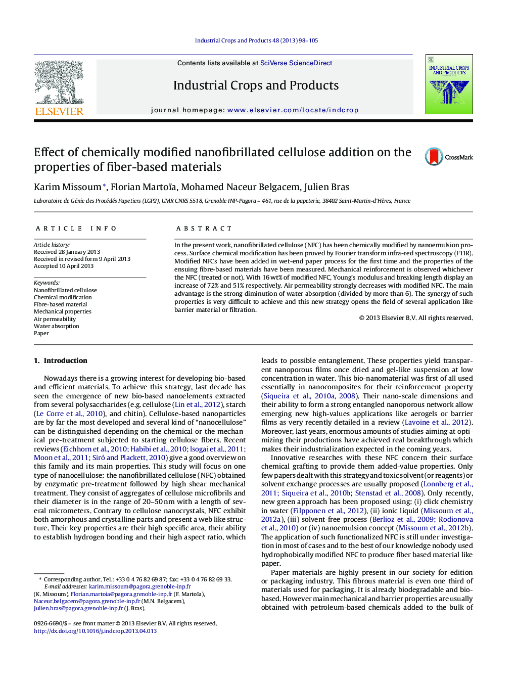 Effect of chemically modified nanofibrillated cellulose addition on the properties of fiber-based materials