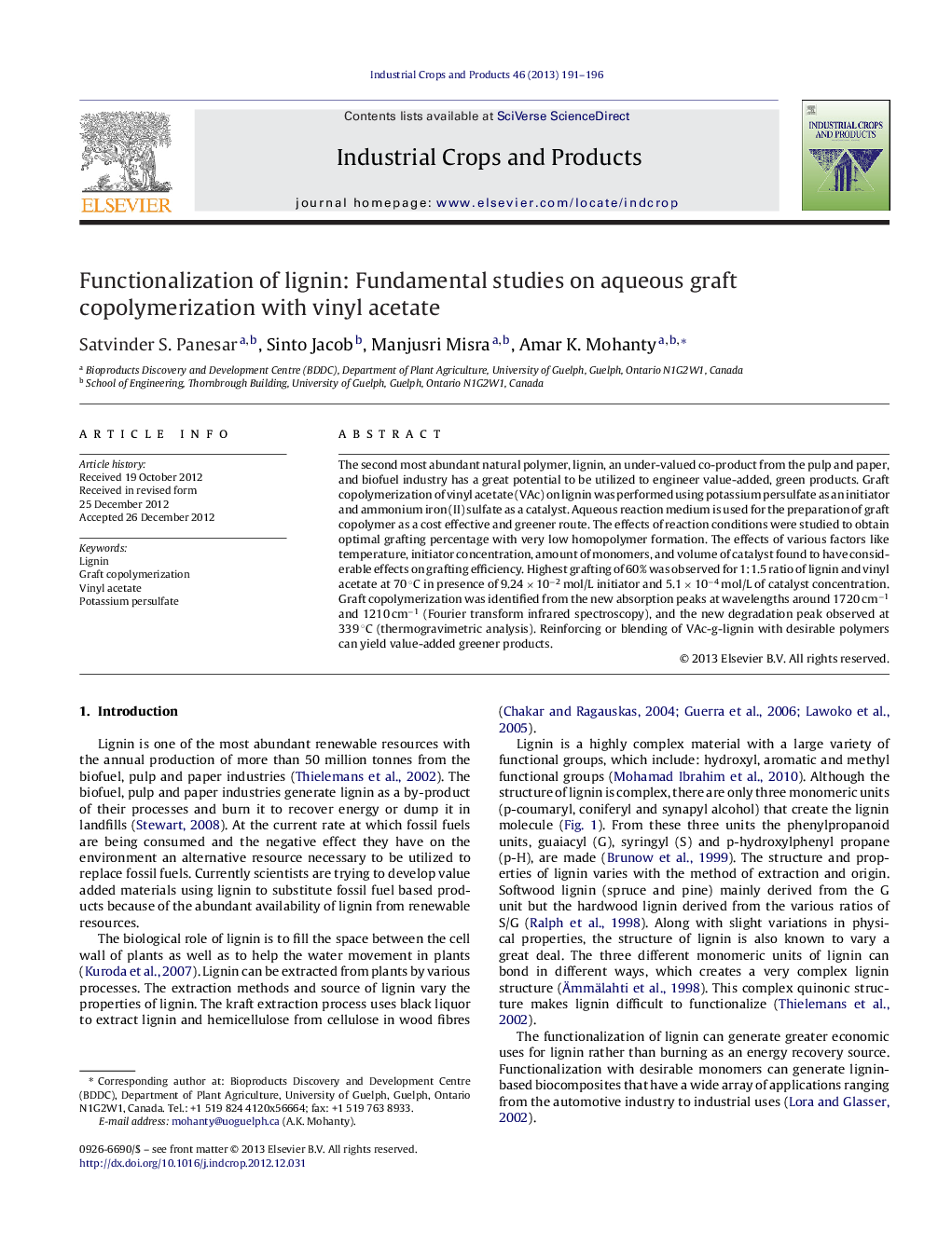 Functionalization of lignin: Fundamental studies on aqueous graft copolymerization with vinyl acetate