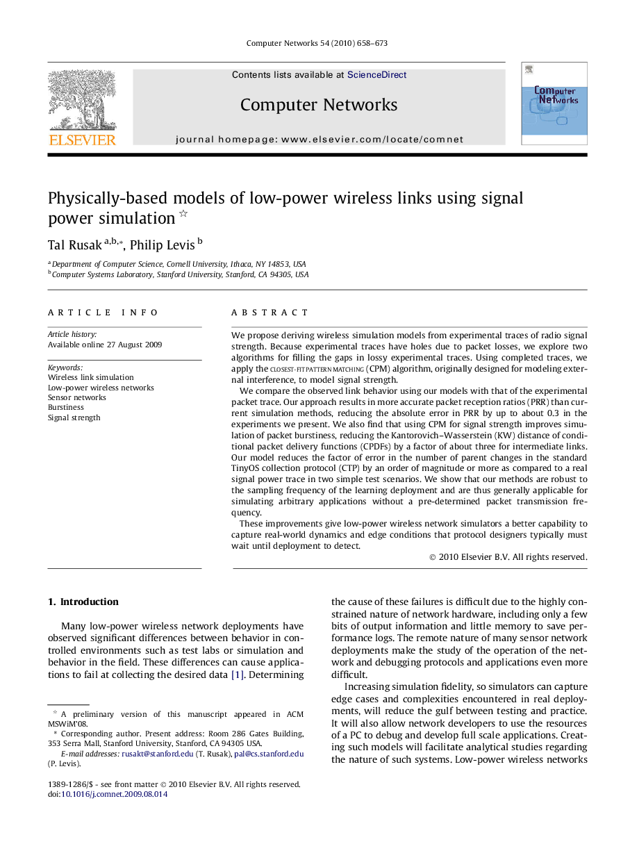 Physically-based models of low-power wireless links using signal power simulation 