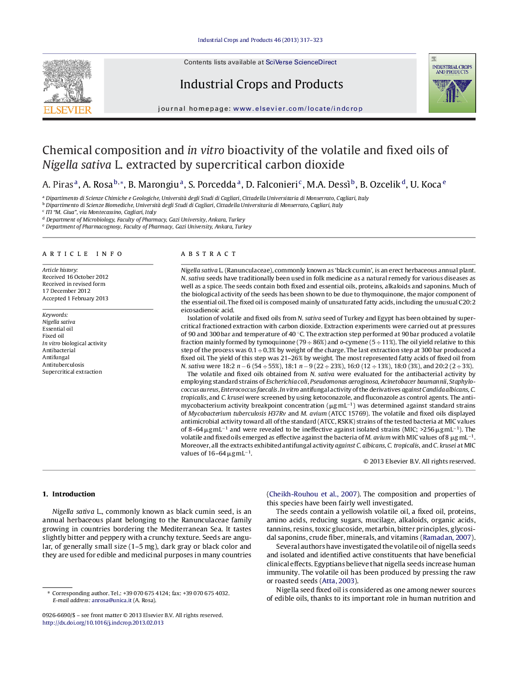 Chemical composition and in vitro bioactivity of the volatile and fixed oils of Nigella sativa L. extracted by supercritical carbon dioxide