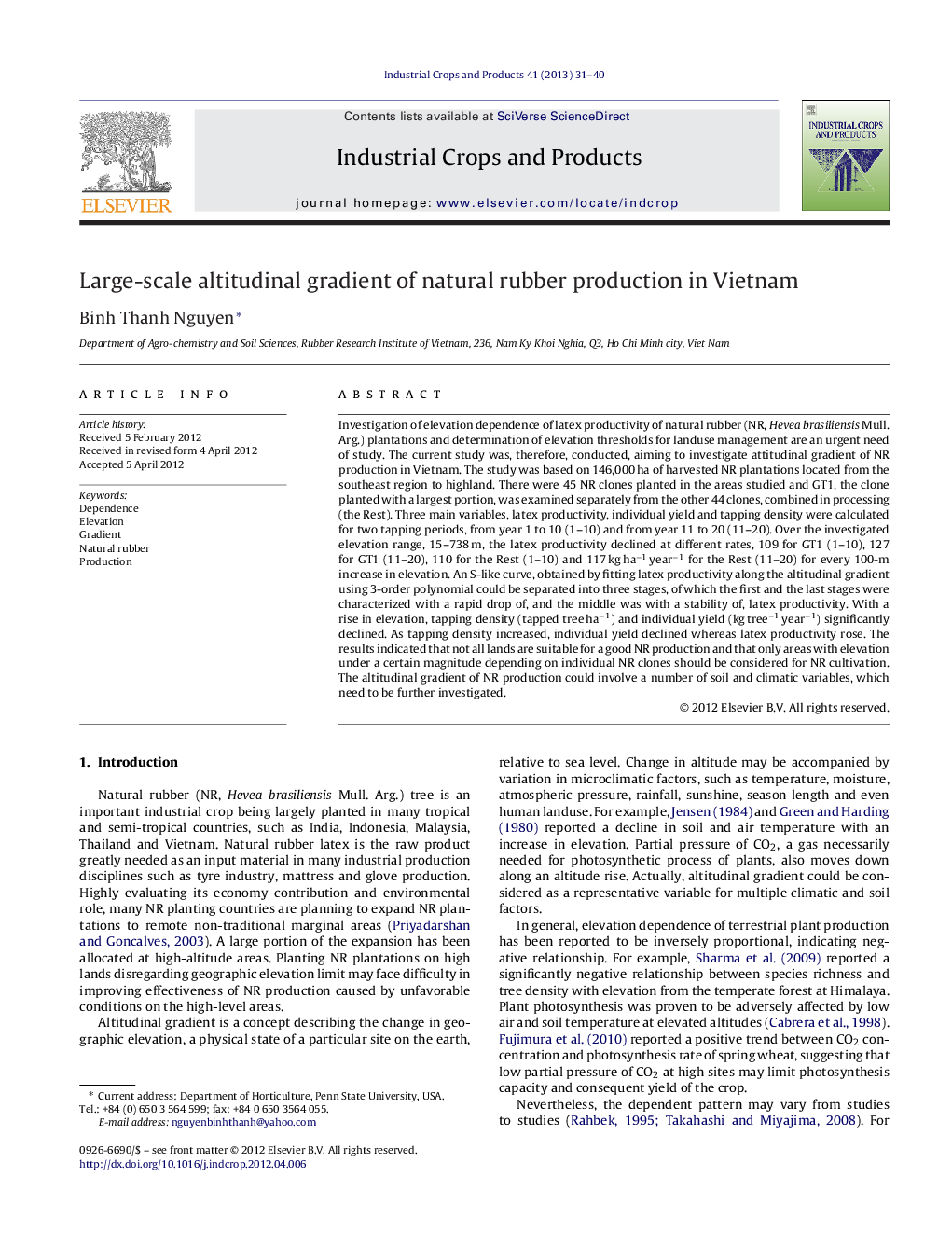 Large-scale altitudinal gradient of natural rubber production in Vietnam