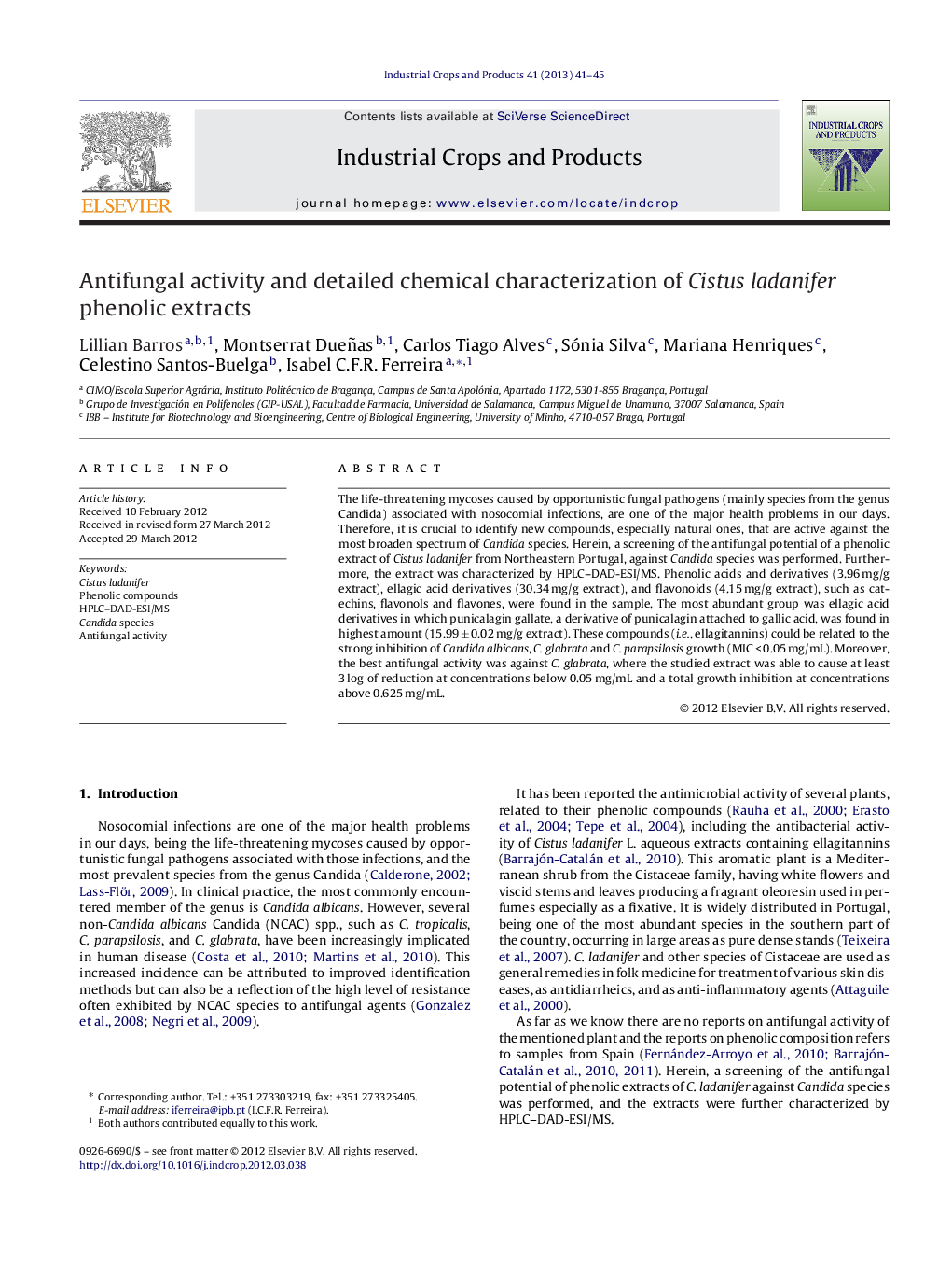 Antifungal activity and detailed chemical characterization of Cistus ladanifer phenolic extracts