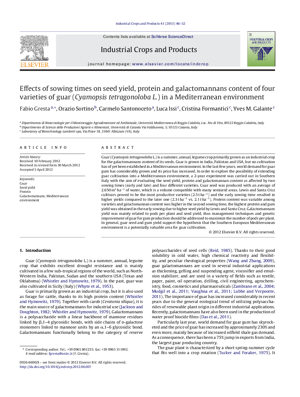 Effects of sowing times on seed yield, protein and galactomannans content of four varieties of guar (Cyamopsis tetragonoloba L.) in a Mediterranean environment