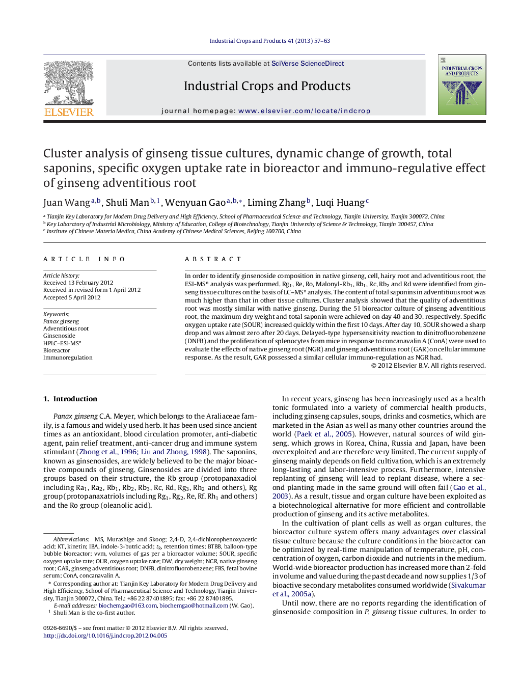 Cluster analysis of ginseng tissue cultures, dynamic change of growth, total saponins, specific oxygen uptake rate in bioreactor and immuno-regulative effect of ginseng adventitious root