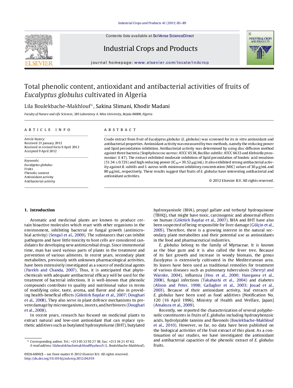 Total phenolic content, antioxidant and antibacterial activities of fruits of Eucalyptus globulus cultivated in Algeria