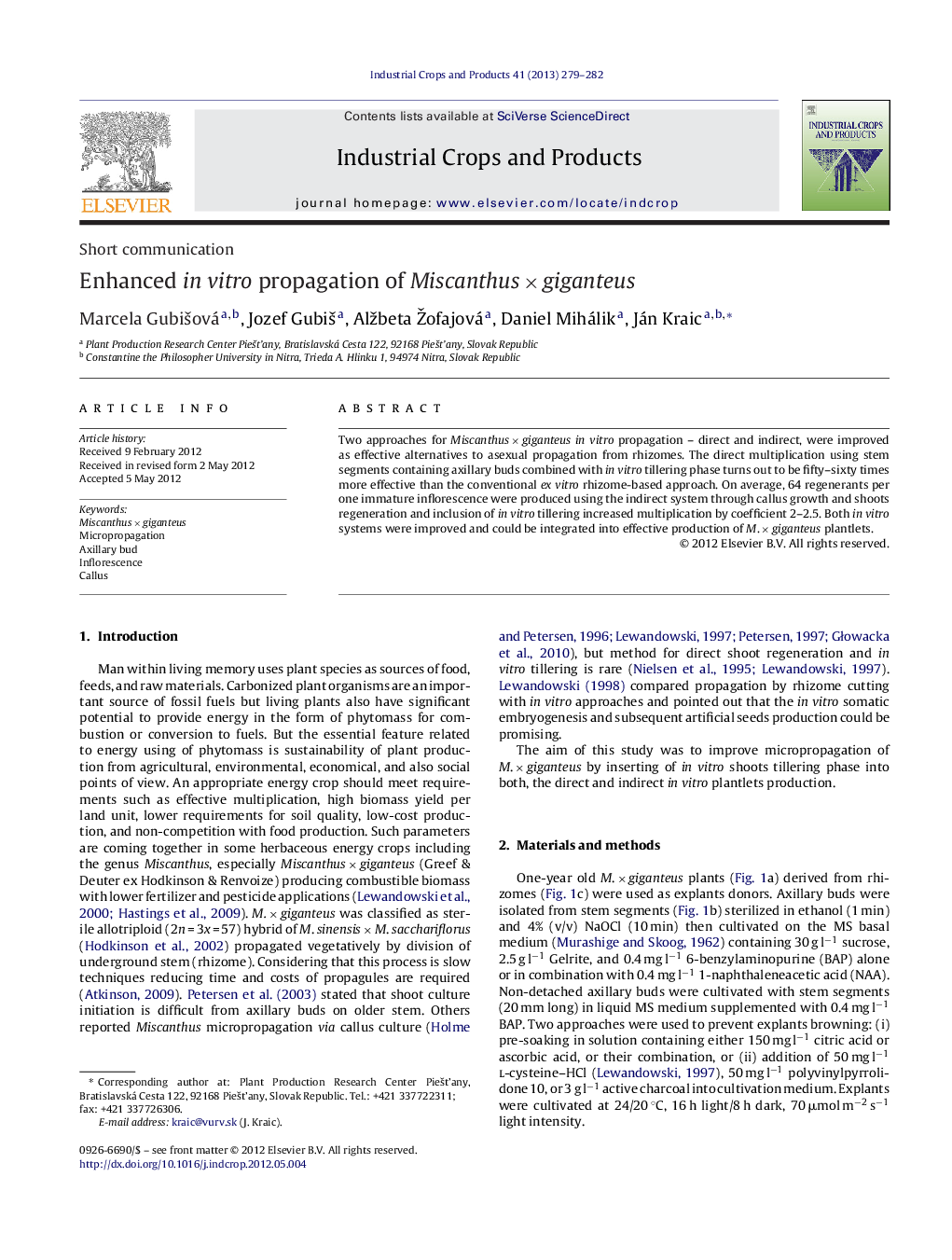 Enhanced in vitro propagation of MiscanthusÂ ÃÂ giganteus