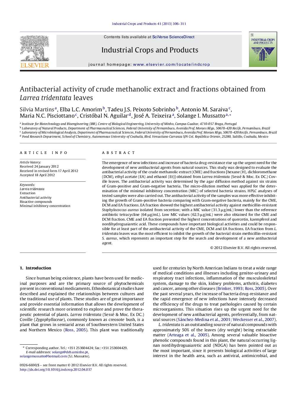 Antibacterial activity of crude methanolic extract and fractions obtained from Larrea tridentata leaves