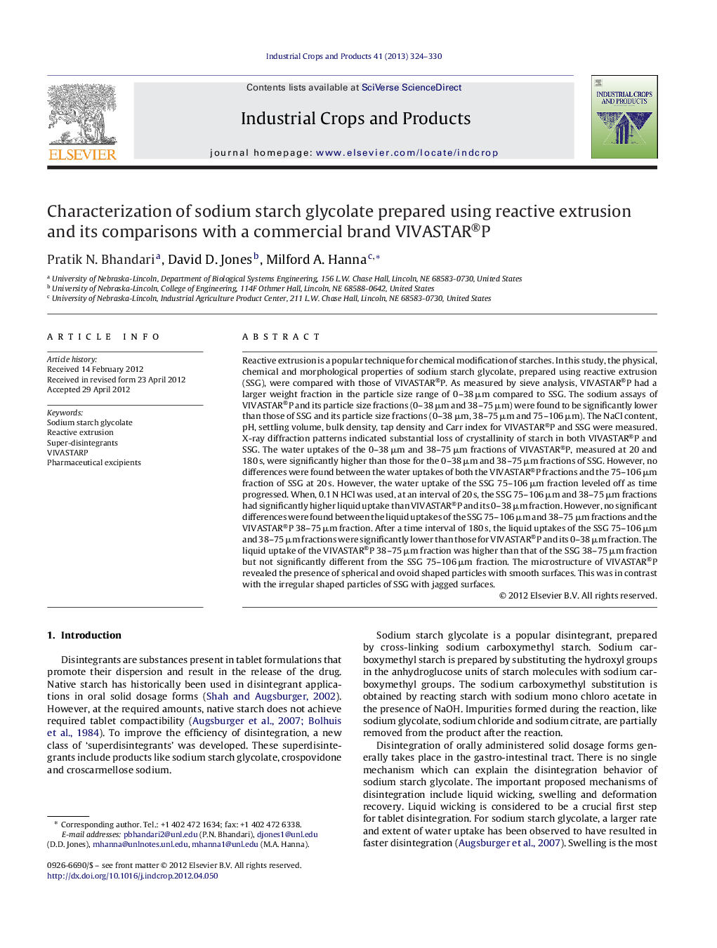 Characterization of sodium starch glycolate prepared using reactive extrusion and its comparisons with a commercial brand VIVASTAR®P