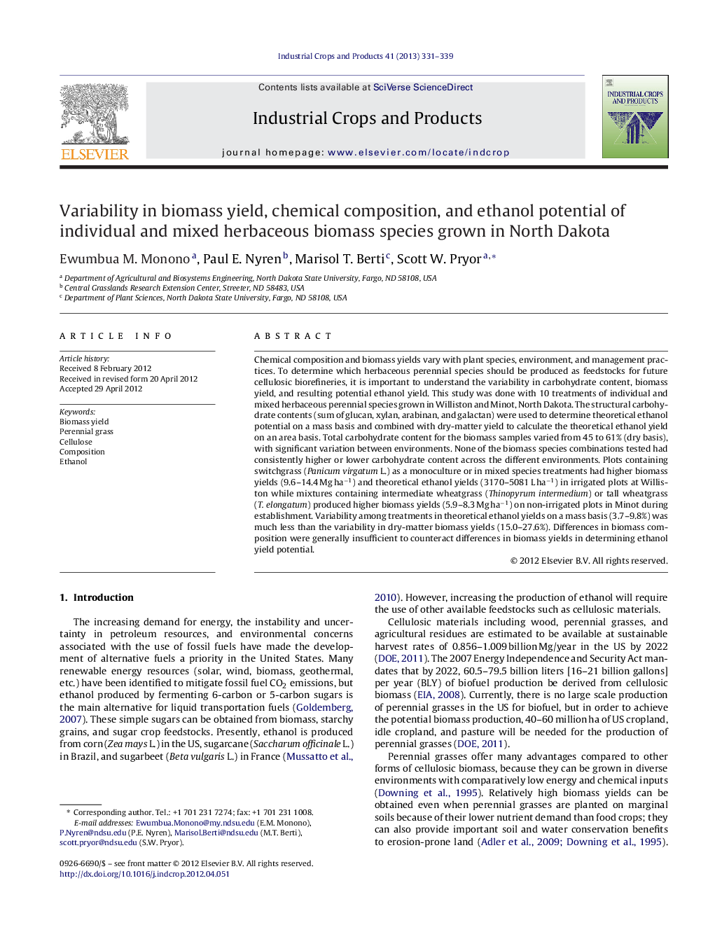 Variability in biomass yield, chemical composition, and ethanol potential of individual and mixed herbaceous biomass species grown in North Dakota