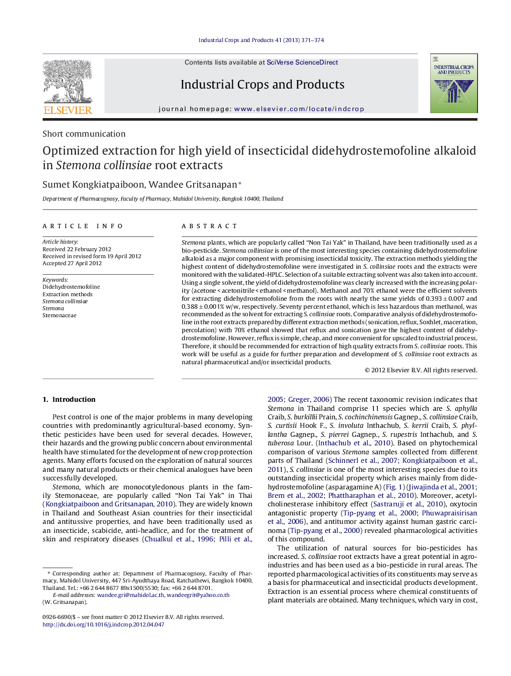 Optimized extraction for high yield of insecticidal didehydrostemofoline alkaloid in Stemona collinsiae root extracts