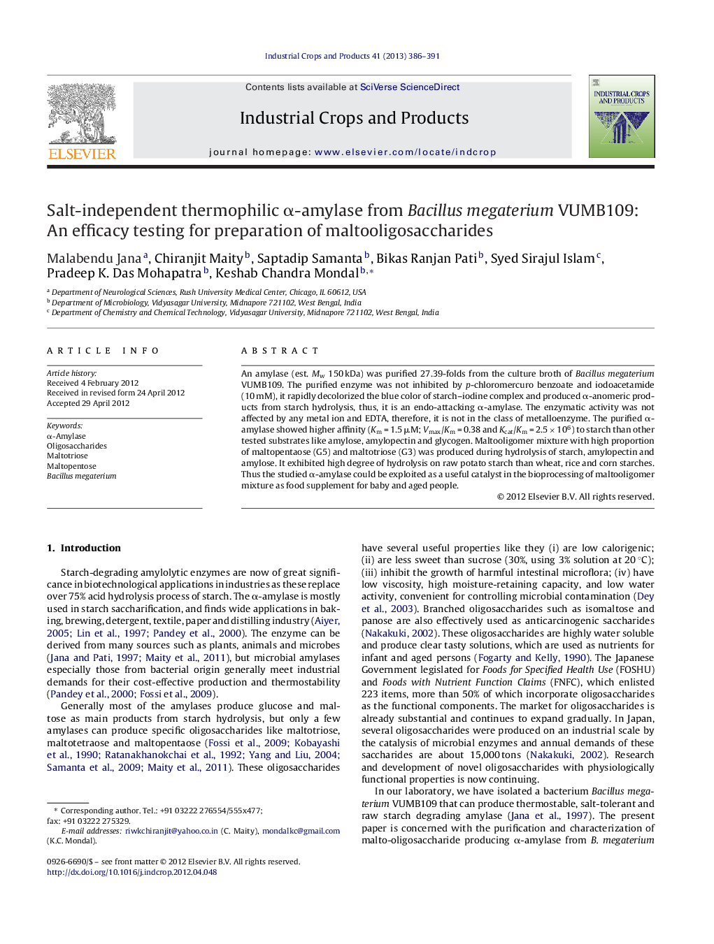 Salt-independent thermophilic α-amylase from Bacillus megaterium VUMB109: An efficacy testing for preparation of maltooligosaccharides