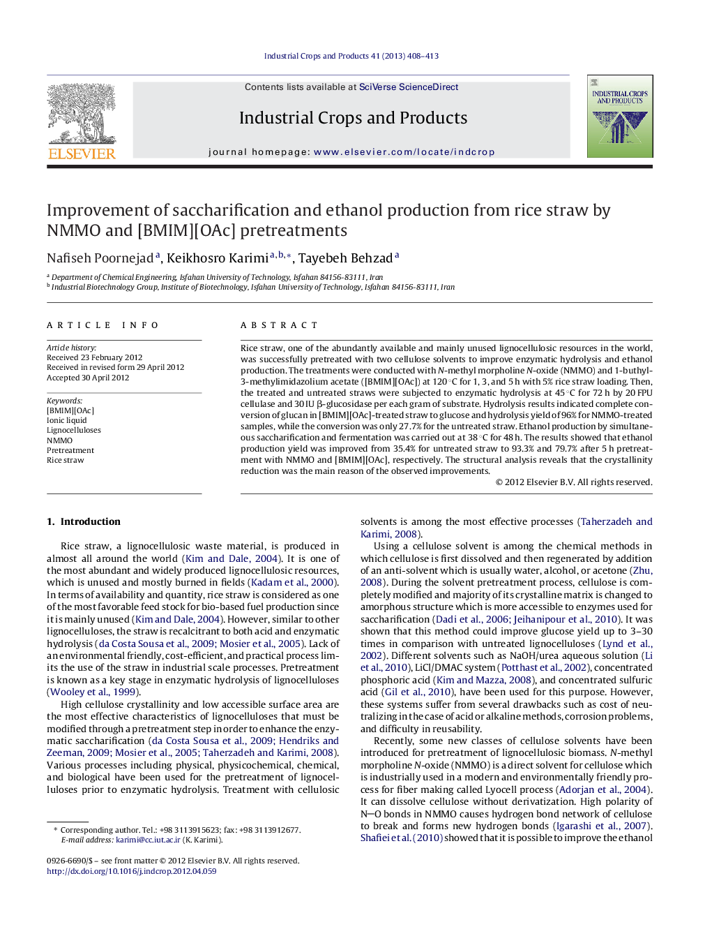 Improvement of saccharification and ethanol production from rice straw by NMMO and [BMIM][OAc] pretreatments