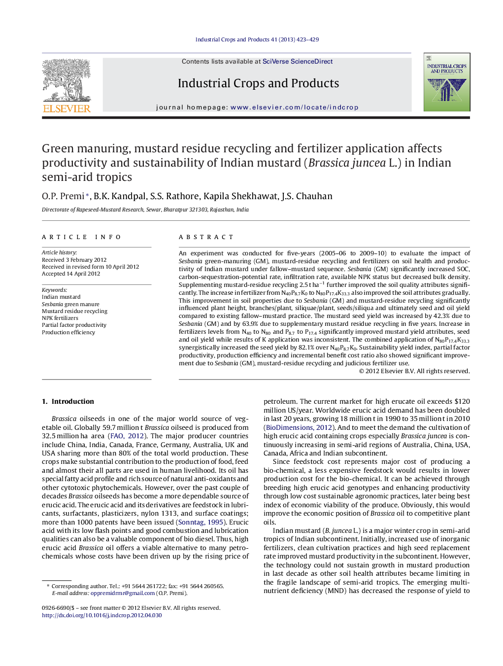 Green manuring, mustard residue recycling and fertilizer application affects productivity and sustainability of Indian mustard (Brassica juncea L.) in Indian semi-arid tropics