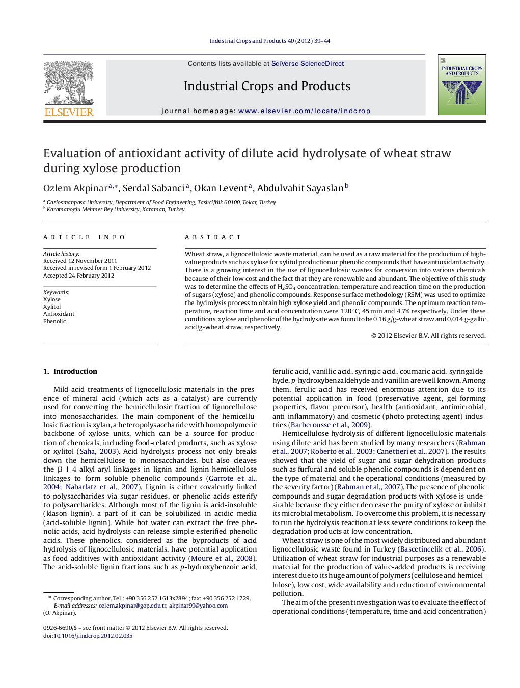عکس صفحه اول مقاله: Evaluation of antioxidant activity of dilute acid hydrolysate of wheat straw during xylose production Evaluation of antioxidant activity of dilute acid hydrolysate of wheat straw during xylose production