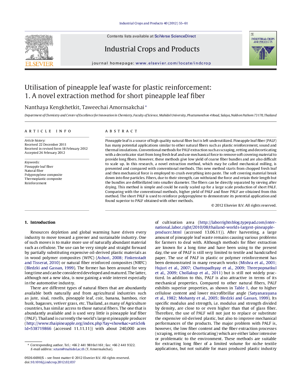 Utilisation of pineapple leaf waste for plastic reinforcement: 1. A novel extraction method for short pineapple leaf fiber