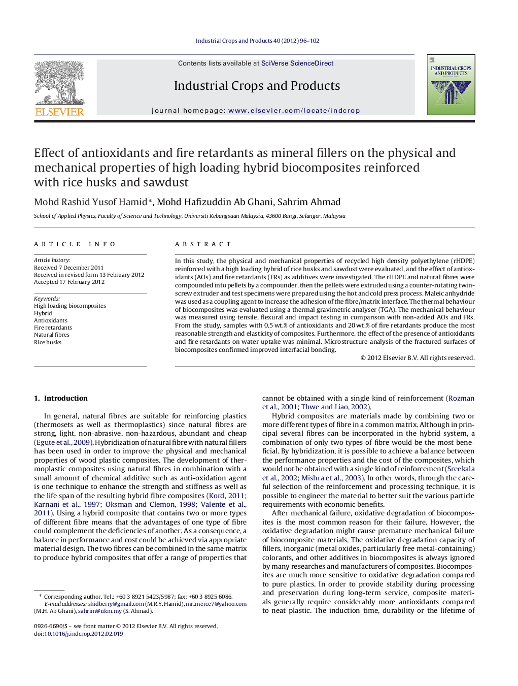 Effect of antioxidants and fire retardants as mineral fillers on the physical and mechanical properties of high loading hybrid biocomposites reinforced with rice husks and sawdust