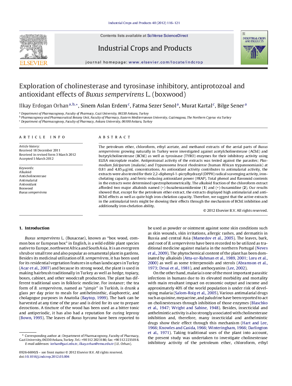 Exploration of cholinesterase and tyrosinase inhibitory, antiprotozoal and antioxidant effects of Buxus sempervirens L. (boxwood)