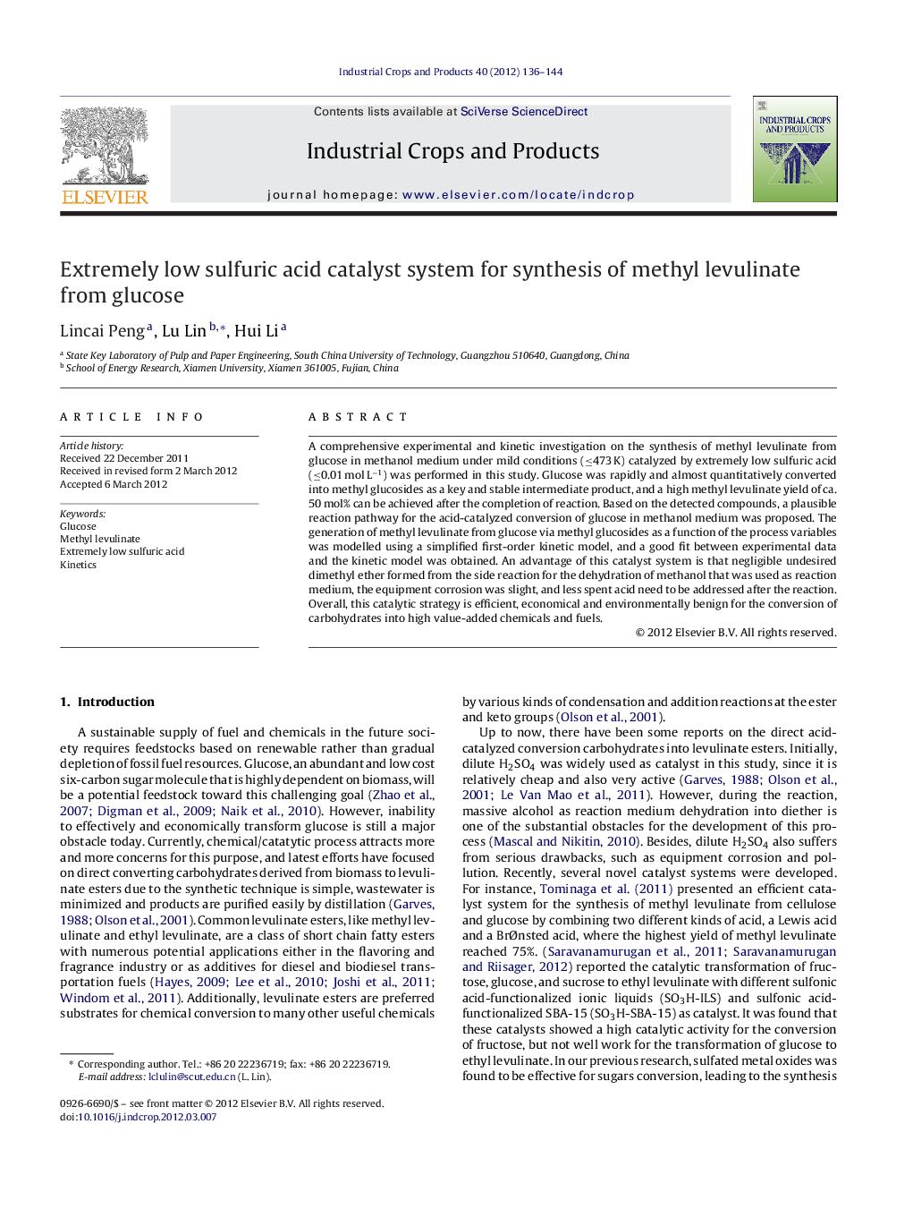 Extremely low sulfuric acid catalyst system for synthesis of methyl levulinate from glucose