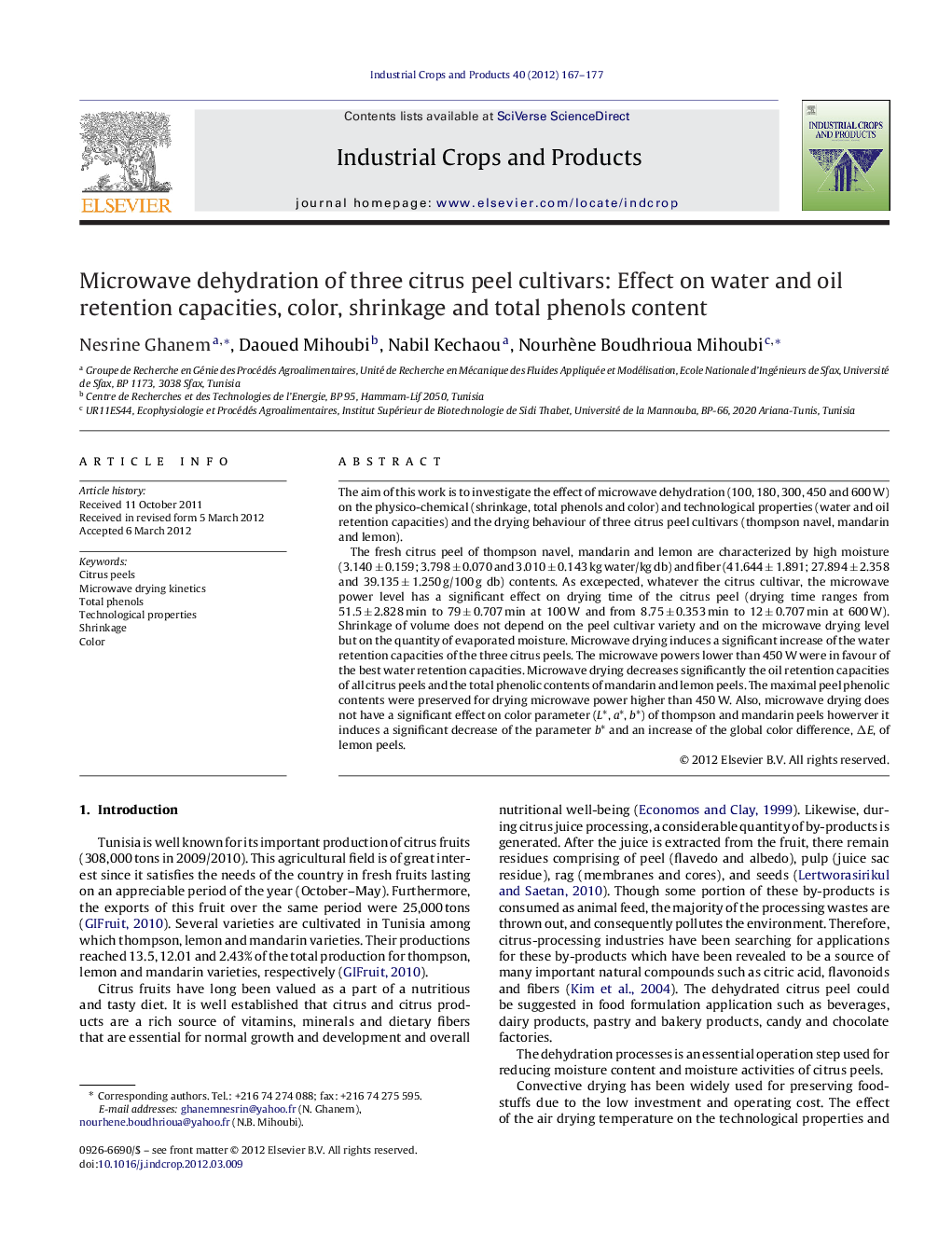 Microwave dehydration of three citrus peel cultivars: Effect on water and oil retention capacities, color, shrinkage and total phenols content