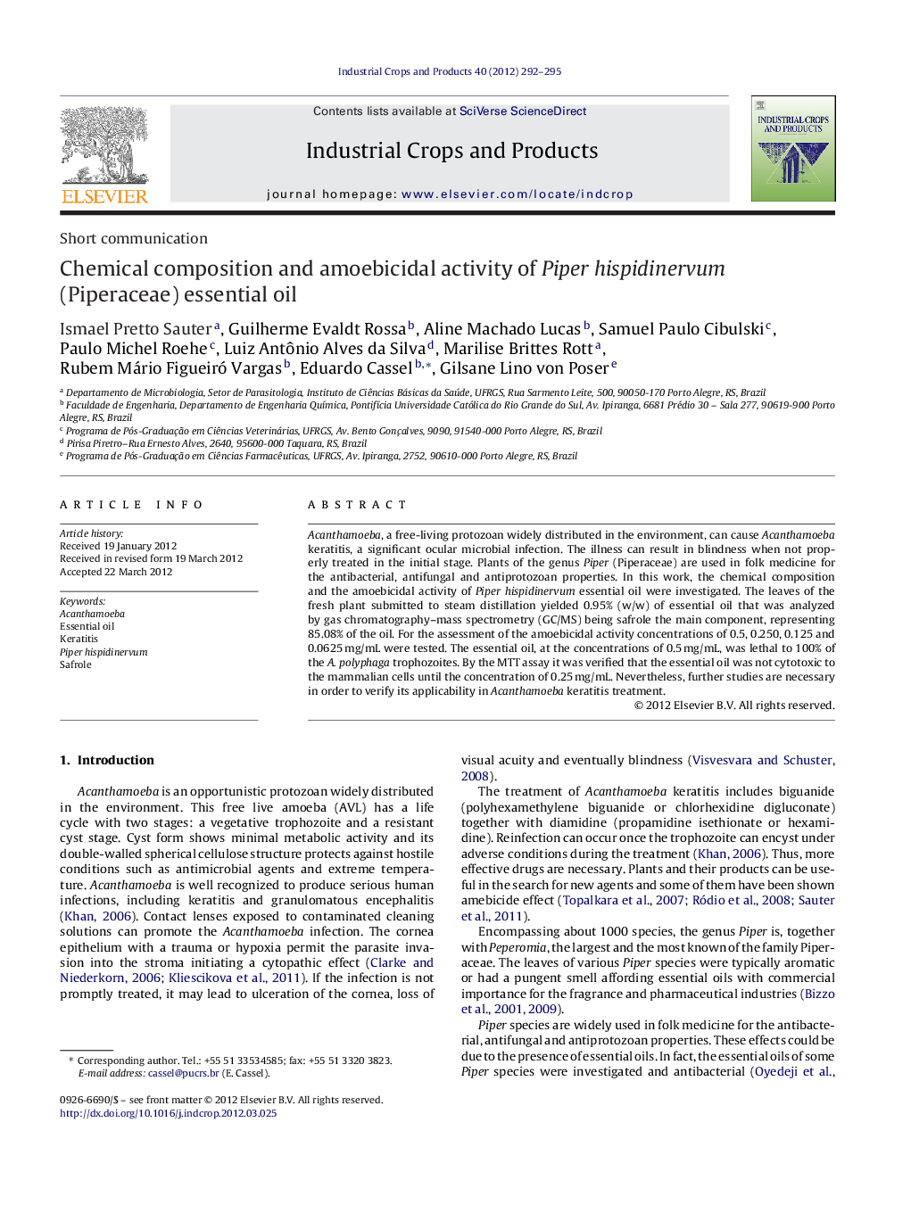 Chemical composition and amoebicidal activity of Piper hispidinervum (Piperaceae) essential oil