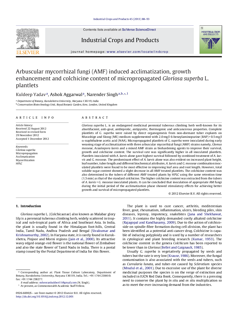 Arbuscular mycorrhizal fungi (AMF) induced acclimatization, growth enhancement and colchicine content of micropropagated Gloriosa superba L. plantlets