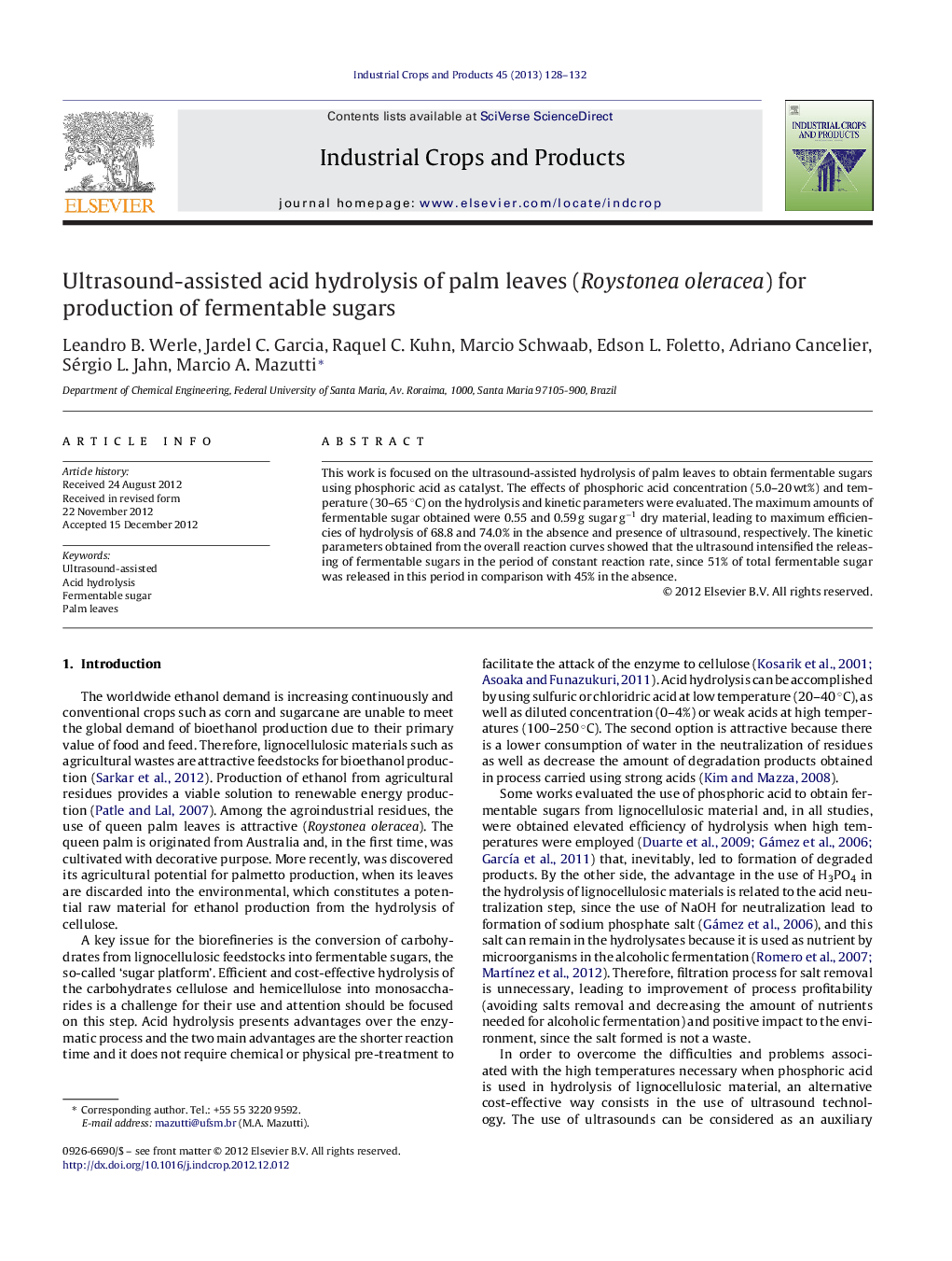 Ultrasound-assisted acid hydrolysis of palm leaves (Roystonea oleracea) for production of fermentable sugars