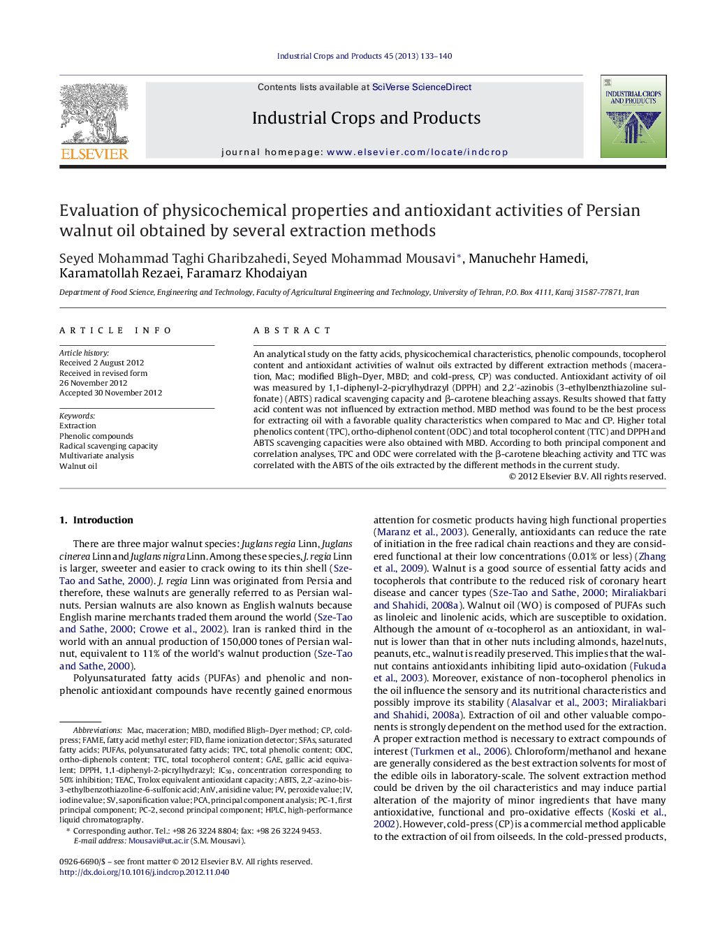 Evaluation of physicochemical properties and antioxidant activities of Persian walnut oil obtained by several extraction methods