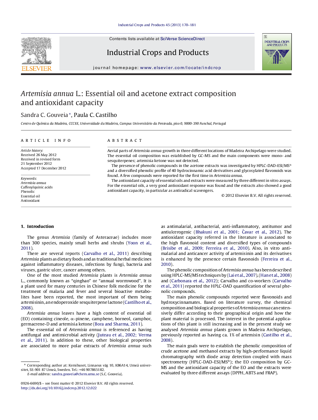 Artemisia annua L.: Essential oil and acetone extract composition and antioxidant capacity