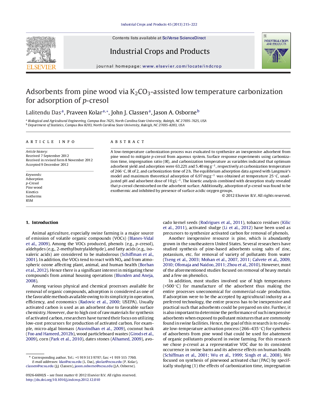 Adsorbents from pine wood via K2CO3-assisted low temperature carbonization for adsorption of p-cresol