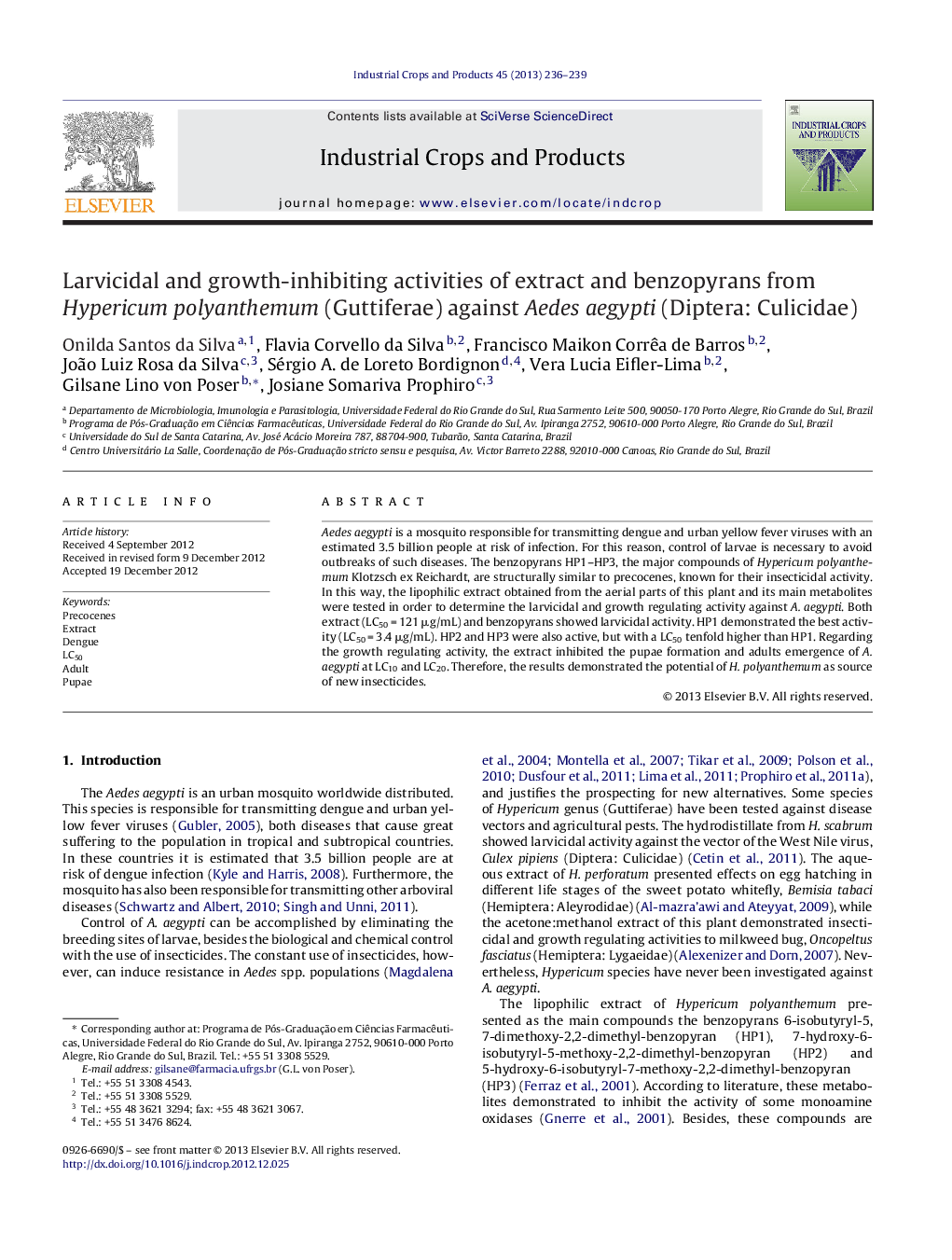 Larvicidal and growth-inhibiting activities of extract and benzopyrans from Hypericum polyanthemum (Guttiferae) against Aedes aegypti (Diptera: Culicidae)