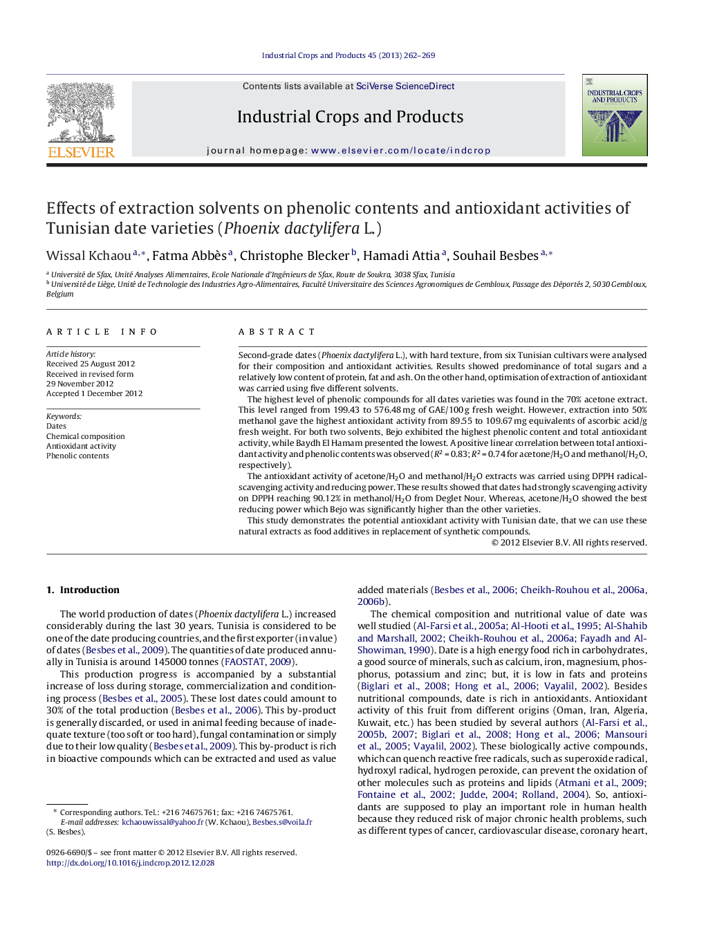 Effects of extraction solvents on phenolic contents and antioxidant activities of Tunisian date varieties (Phoenix dactylifera L.)